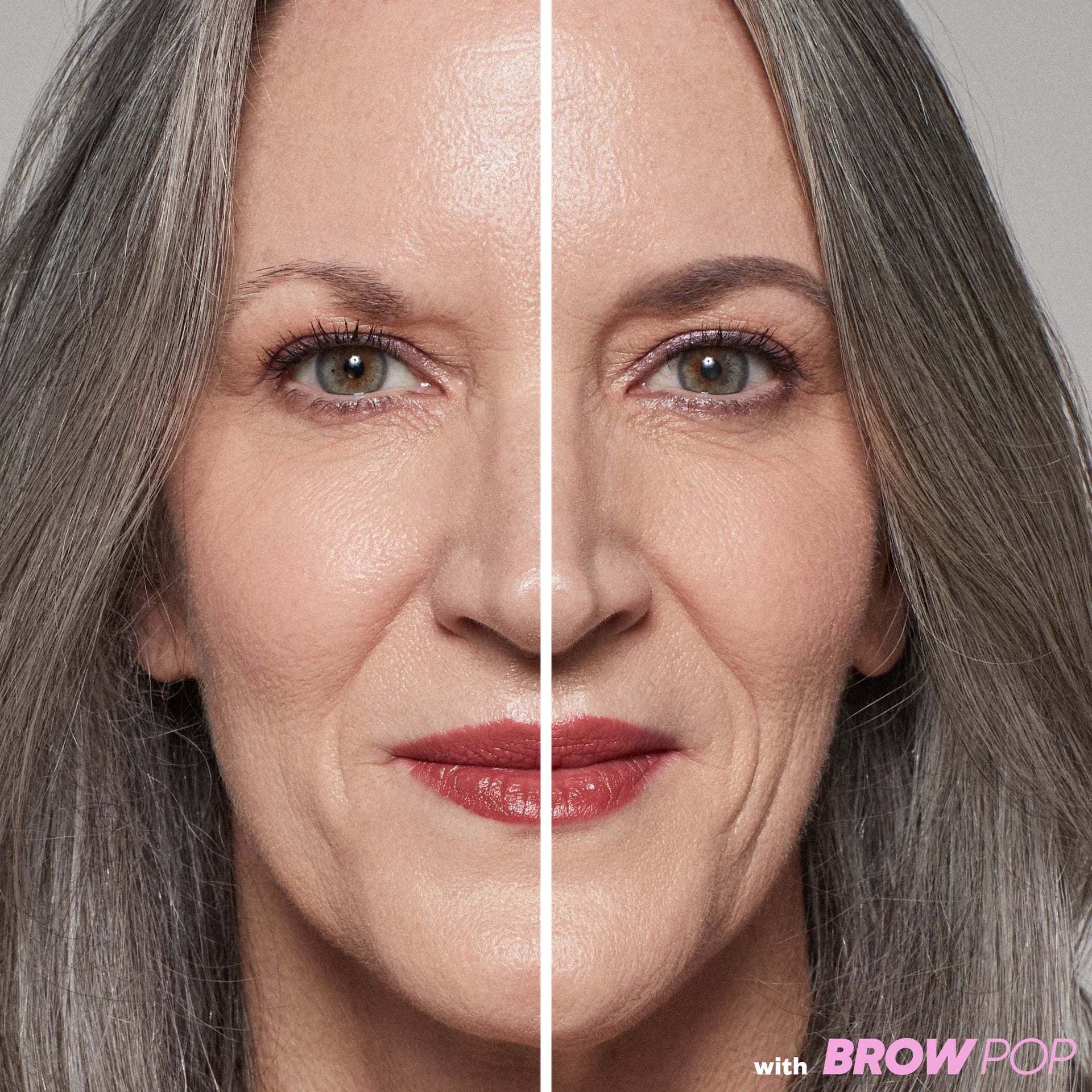 Before and after application of 'Grey' Brow Pop shade.
