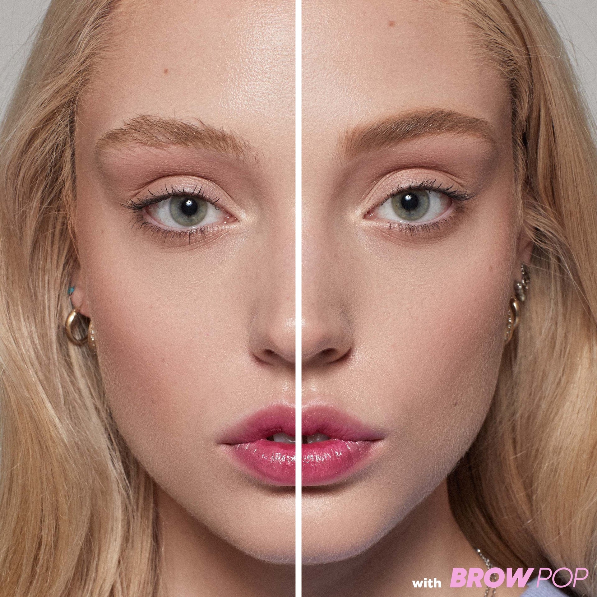 Before and after application of 'Honey Blonde' Brow Pop shade.