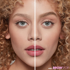 Before and after application of 'Soft Brown' Brow Pop shade.