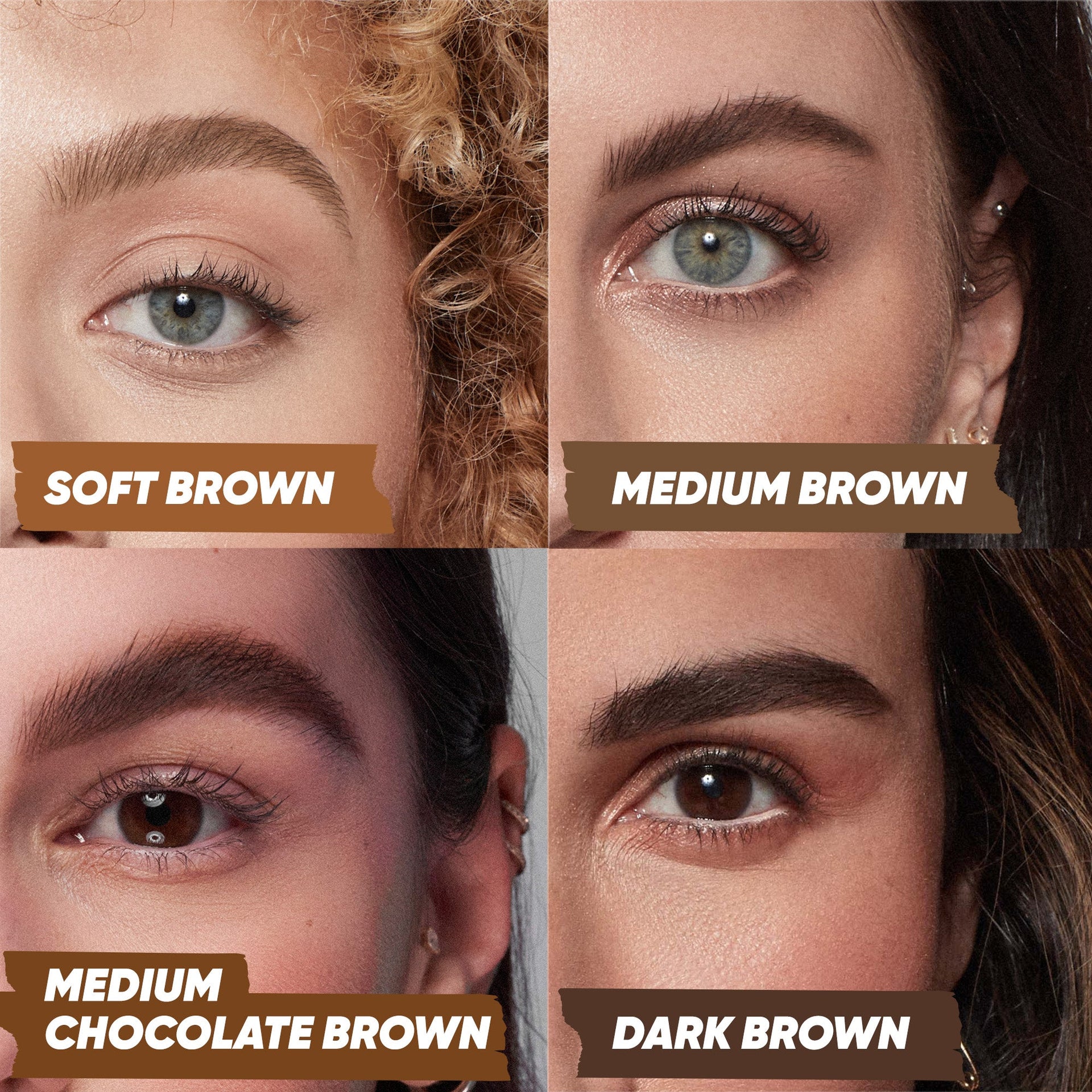 An Image Showing Kosas BrowPop Shades When Applied. Soft Brown, Medium Brown, Medium Chocolate Brown, Dark Brown.