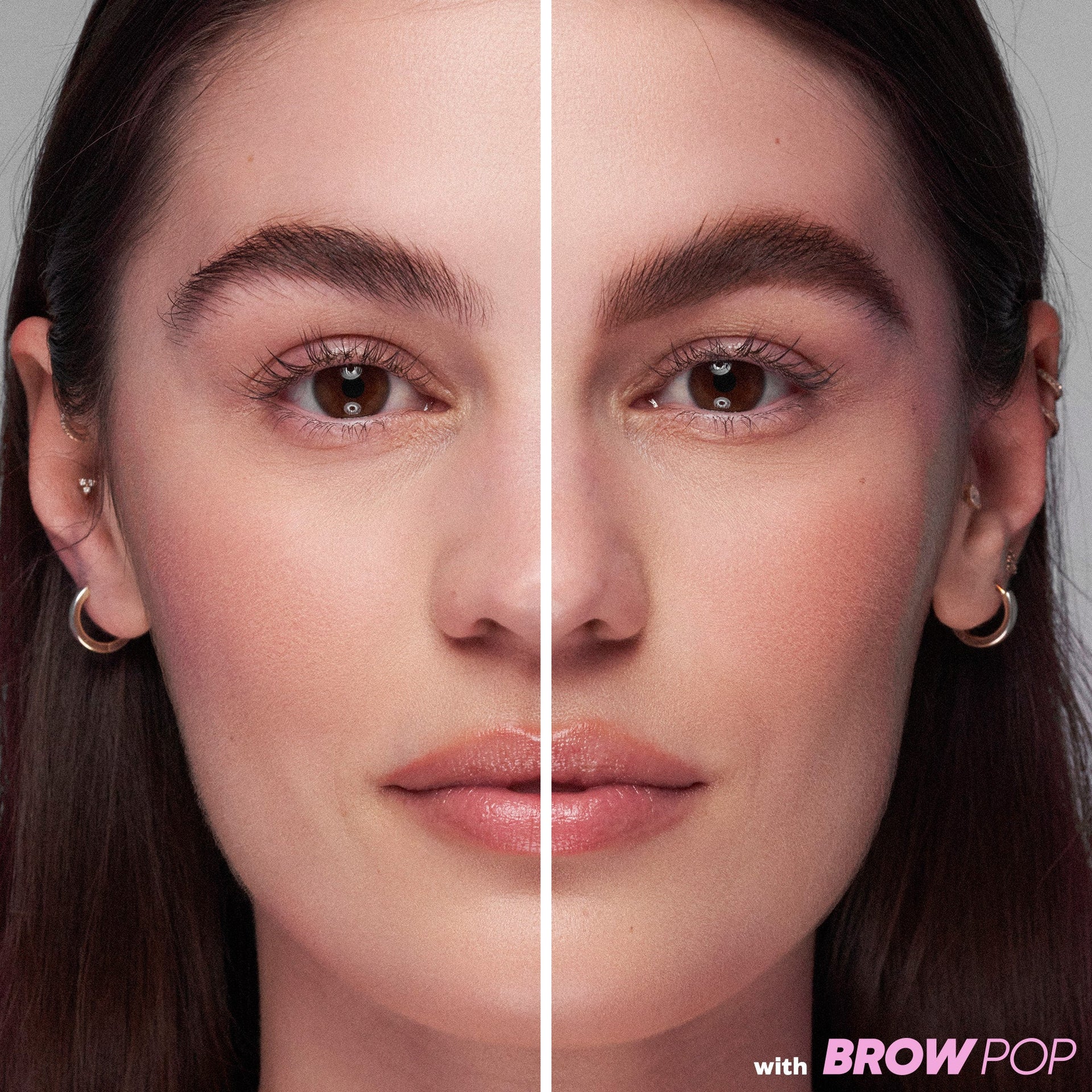 Before and after application of 'Medium Chocolate Brown' Brow Pop shade.