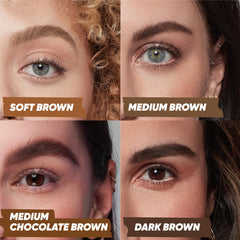 An Image Showing Kosas BrowPop Shades When Applied. Soft Brown, Medium Brown, Medium Chocolate Brown, Dark Brown.