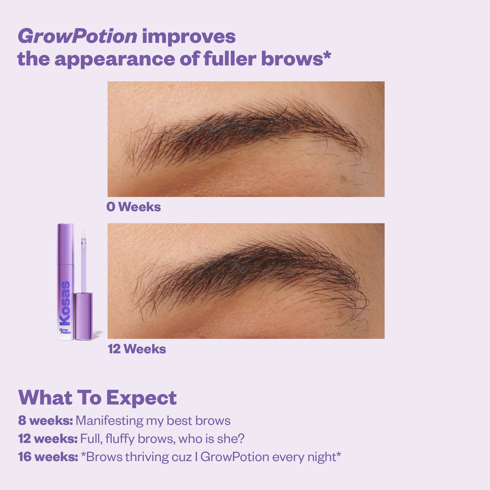 Image illustrating the progressive improvement of brow fullness from 0 to 12 weeks of using GrowPotion, demonstrating its remarkable effectiveness in brow growth.