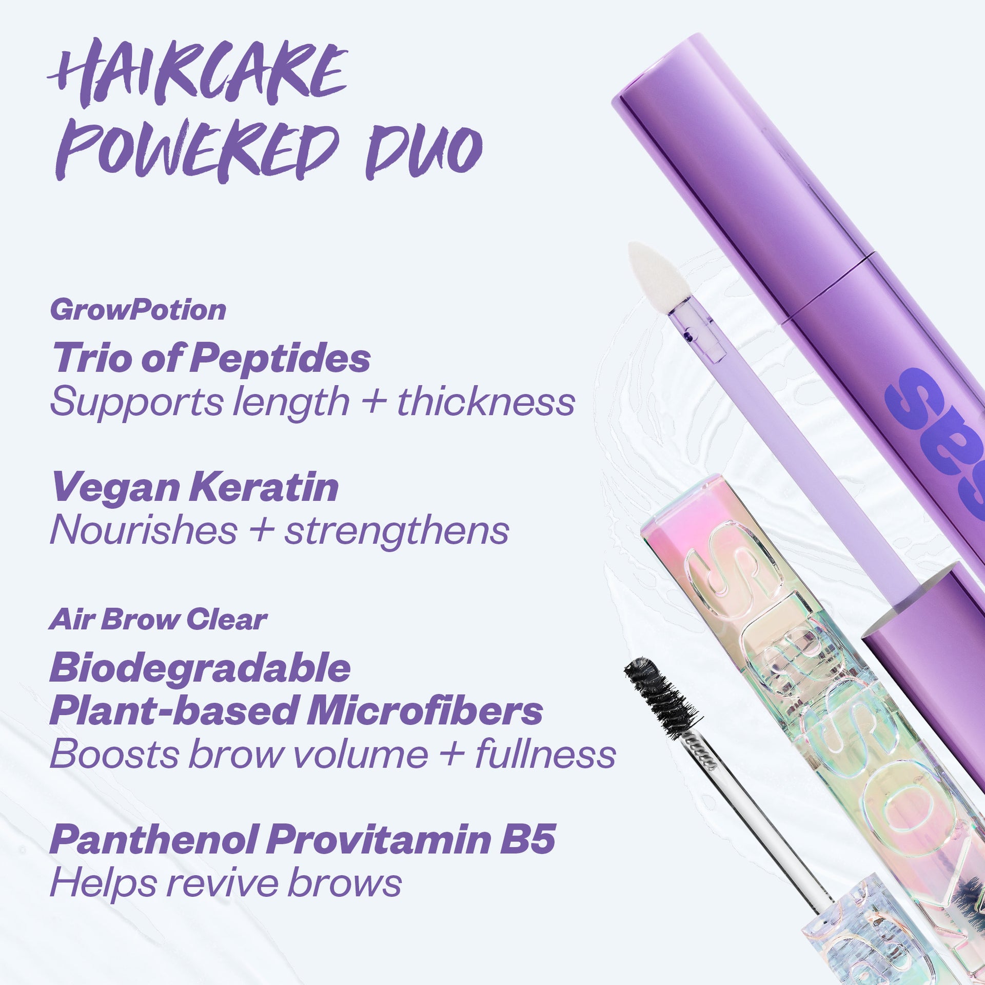 key ingredients and benefits of the haircare powered duo: Grow Potion and Air Brow Clear