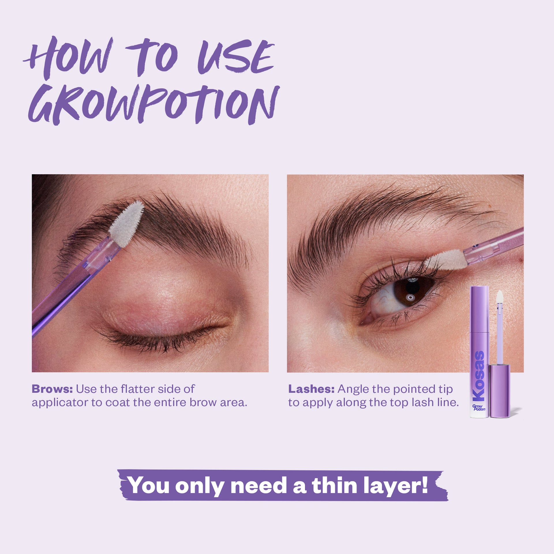 image guide on how to use the Grow Potion for Brows and Lashes.