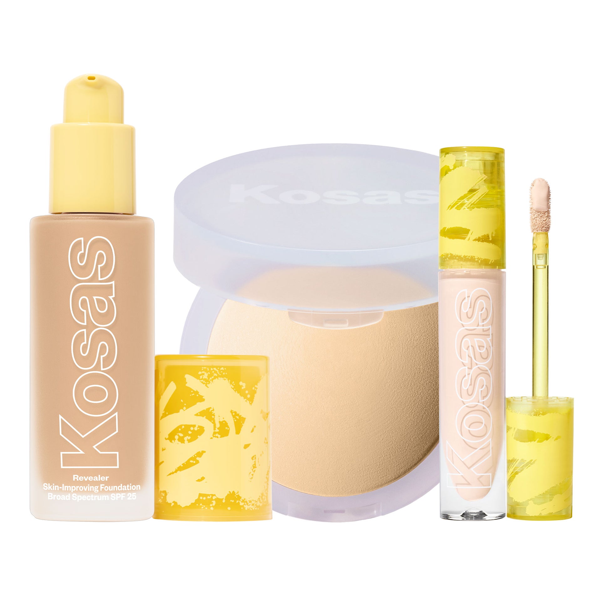 An image showing the tinted skincare line-up including the Revealer Concealer and Foundation, and Cloud Set Setting Powder